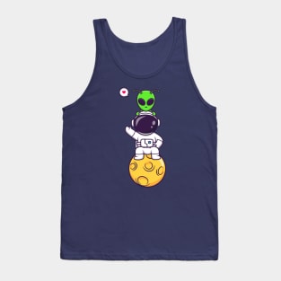 Cute Astronaut Siting On Moon With Alien Cartoon Tank Top